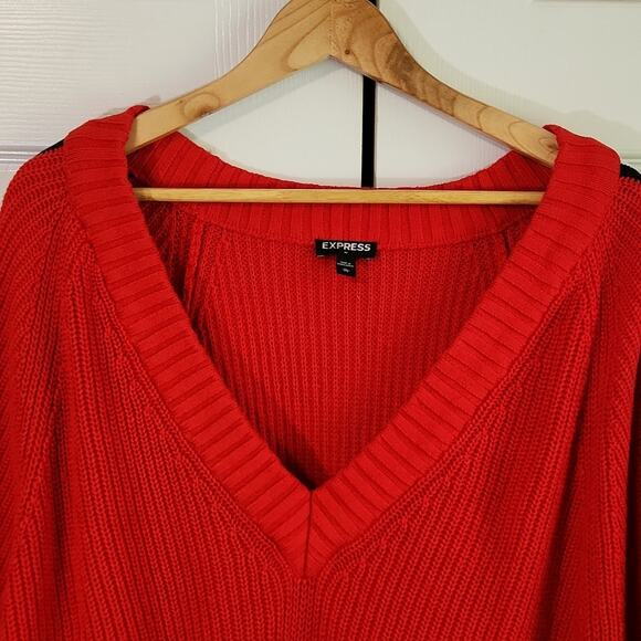 Express Womens Red Sweater Size XL Racing Stripes Preppy Coastal Rugby Varsity - Picture 4 of 8